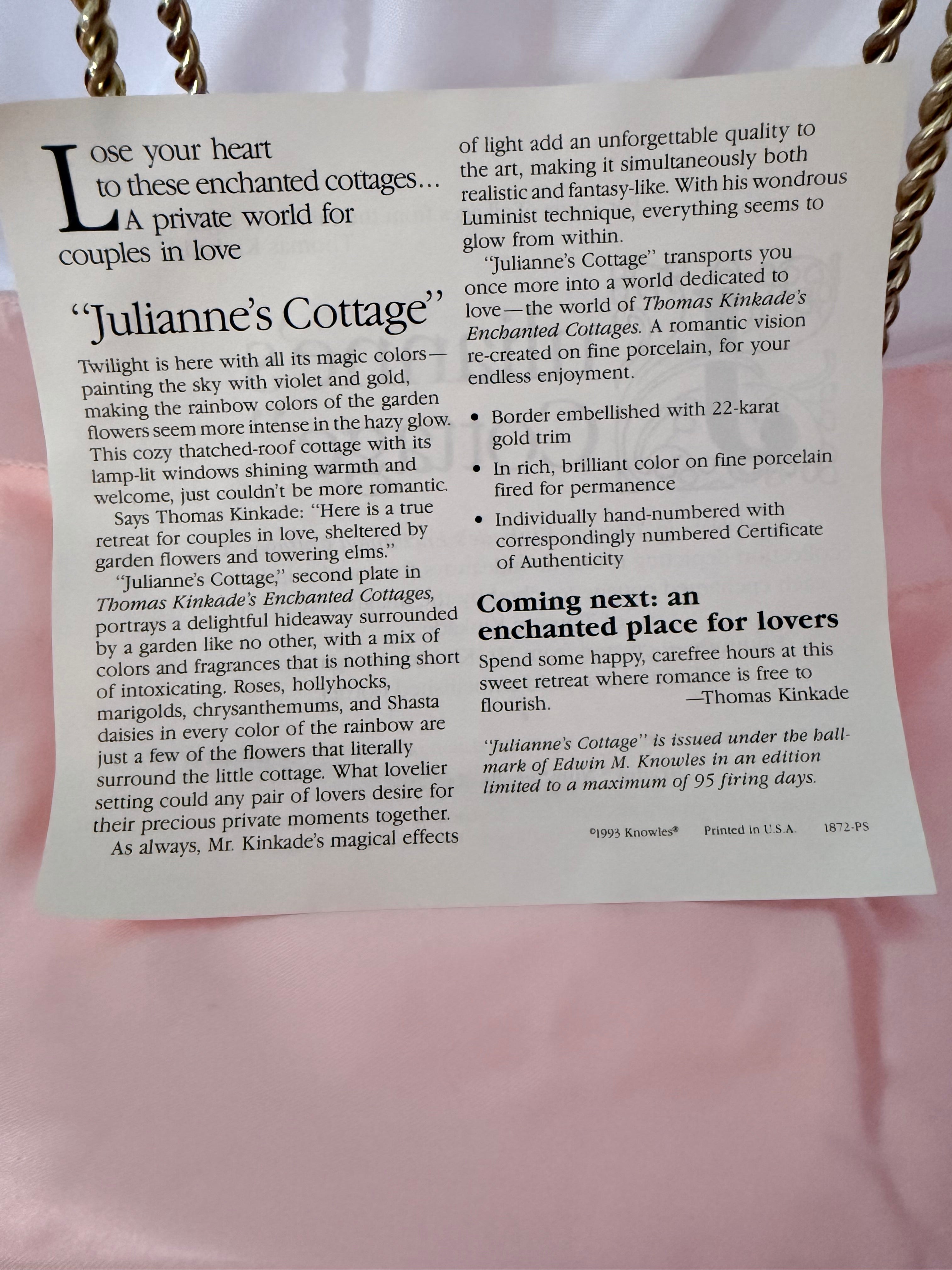 JULIANNE'S COTTAGE collector plate THOMAS KINKADE Enchanted Cottages