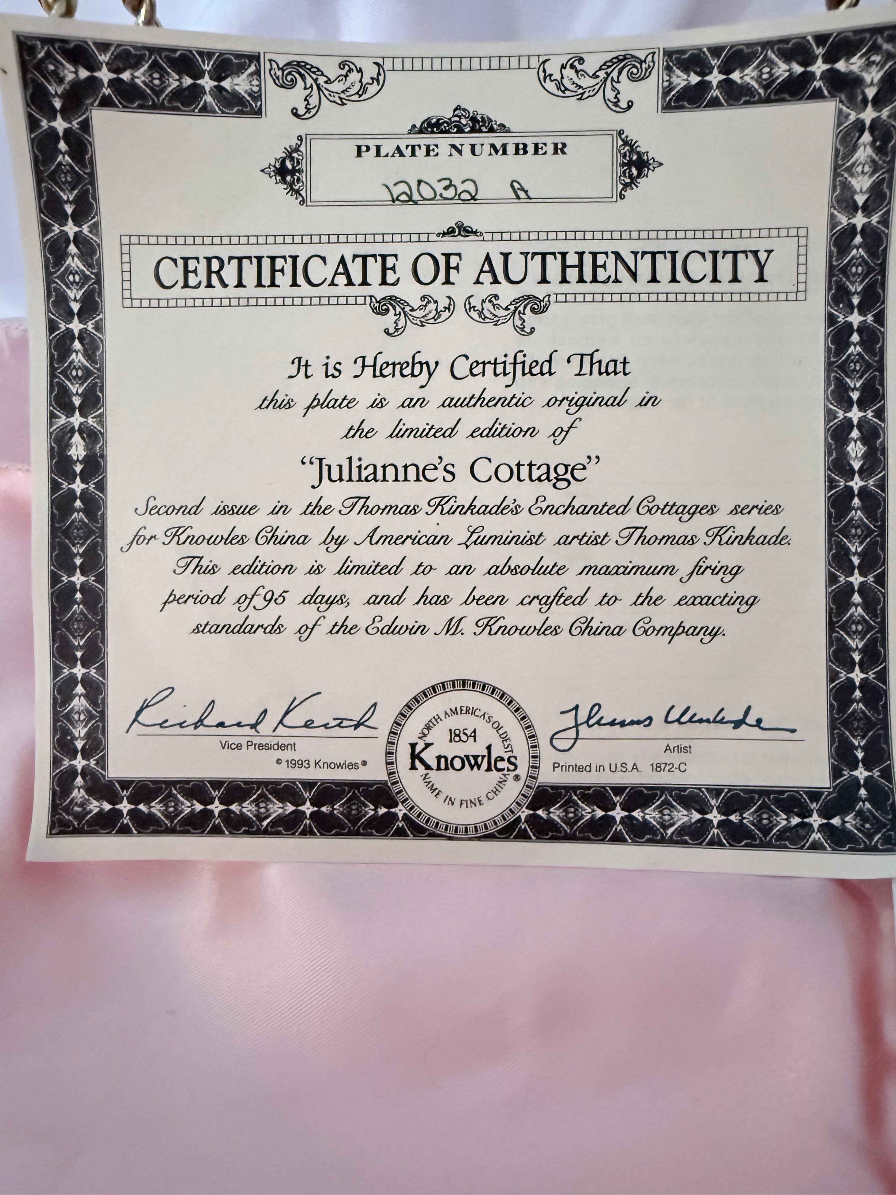 JULIANNE'S COTTAGE collector plate THOMAS KINKADE Enchanted Cottages