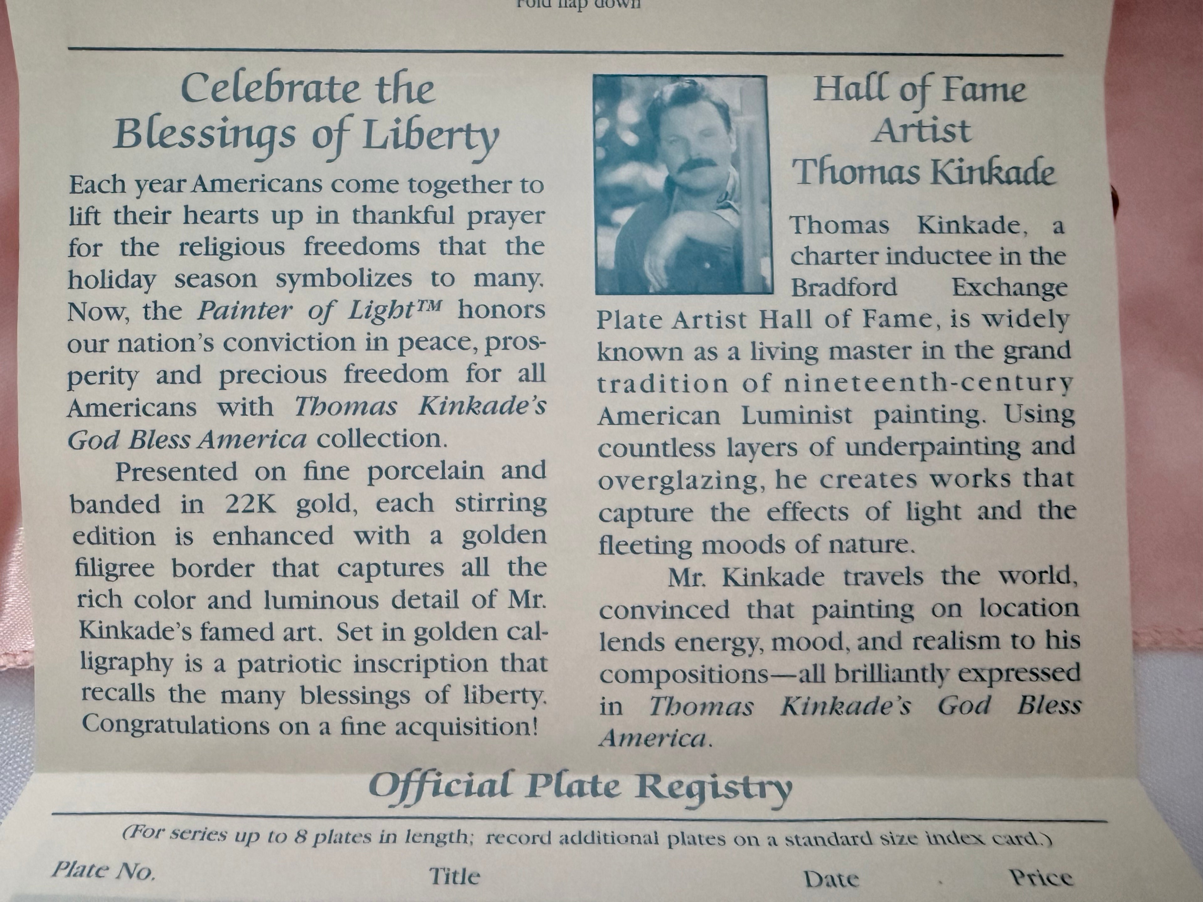 LIGHTS OF LIBERTY collector plate THOMAS KINKADE God Bless America Collection