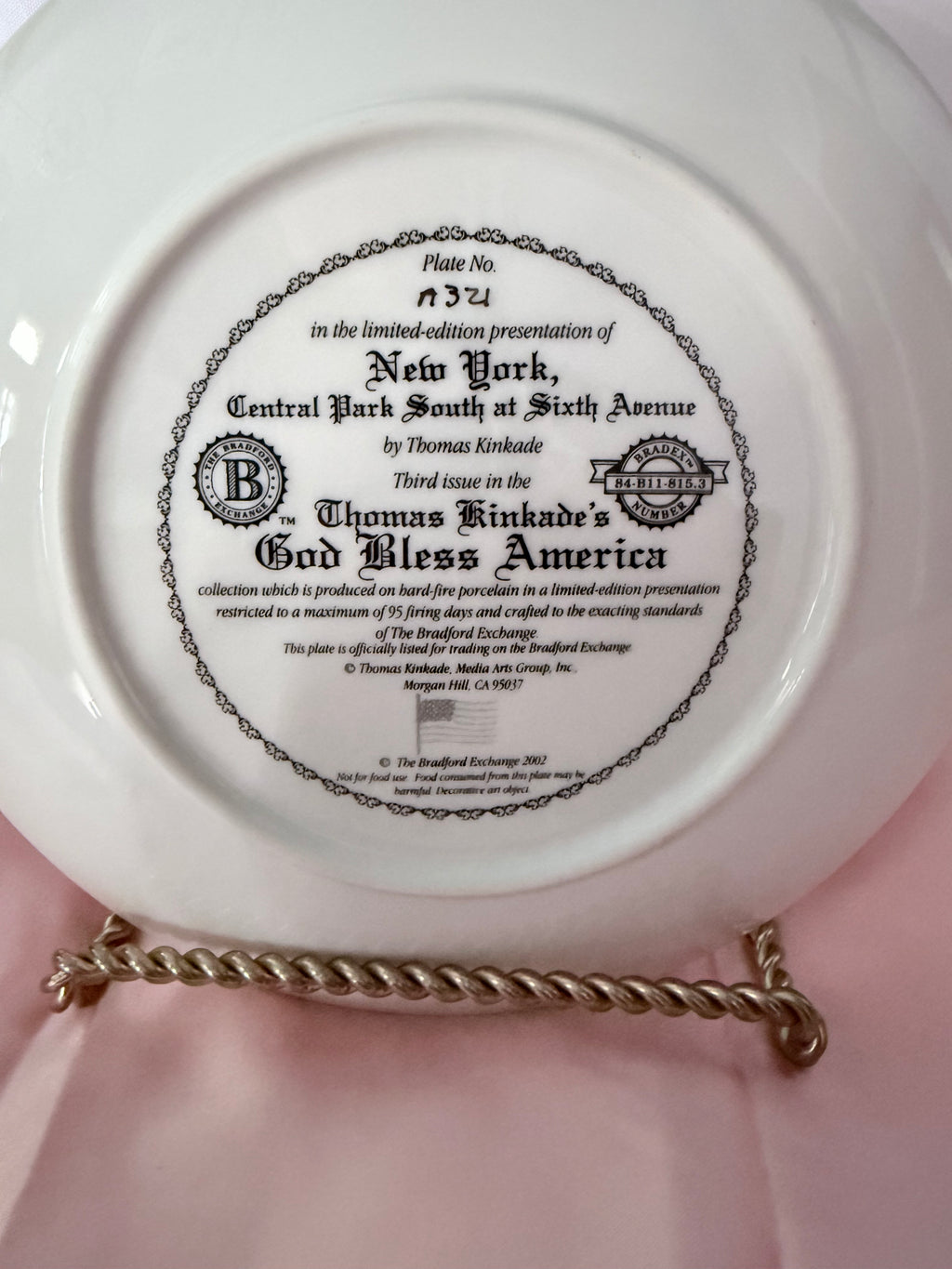 NEW YORK- Central Park South at 6th Ave collector plate collector plate THOMAS KINKADE God Bless America Collection