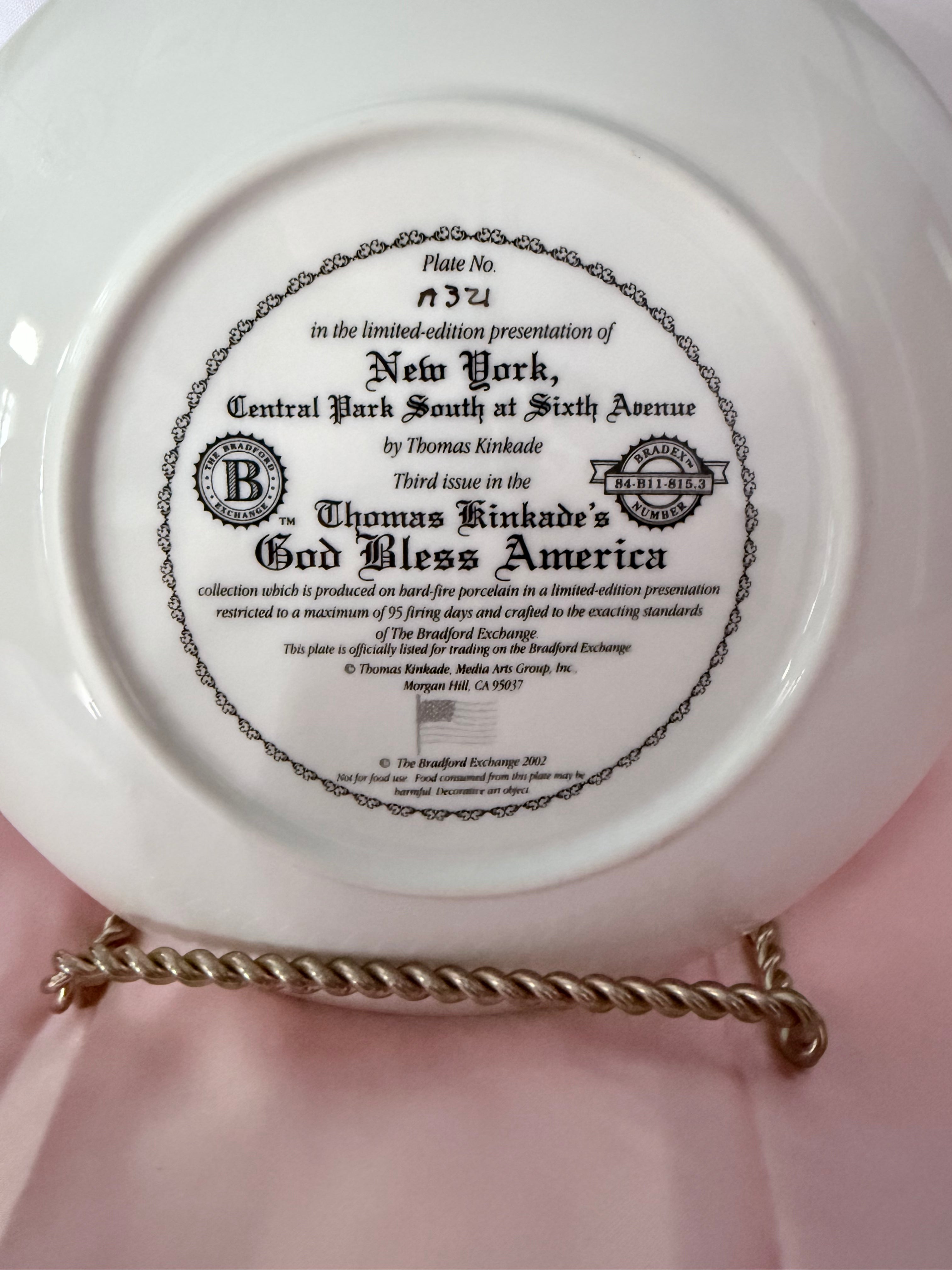 NEW YORK- Central Park South at 6th Ave collector plate collector plate THOMAS KINKADE God Bless America Collection