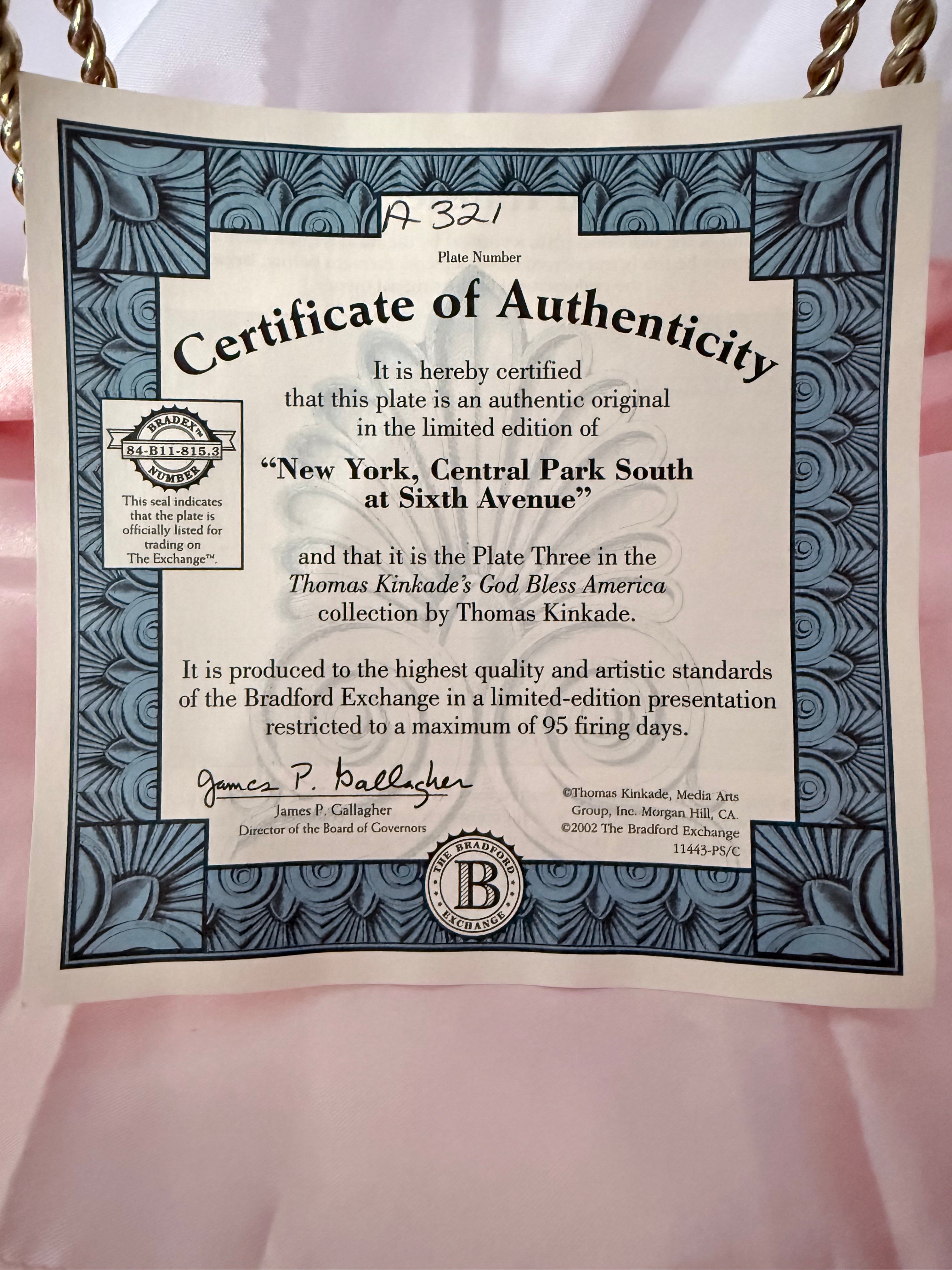 NEW YORK- Central Park South at 6th Ave collector plate collector plate THOMAS KINKADE God Bless America Collection