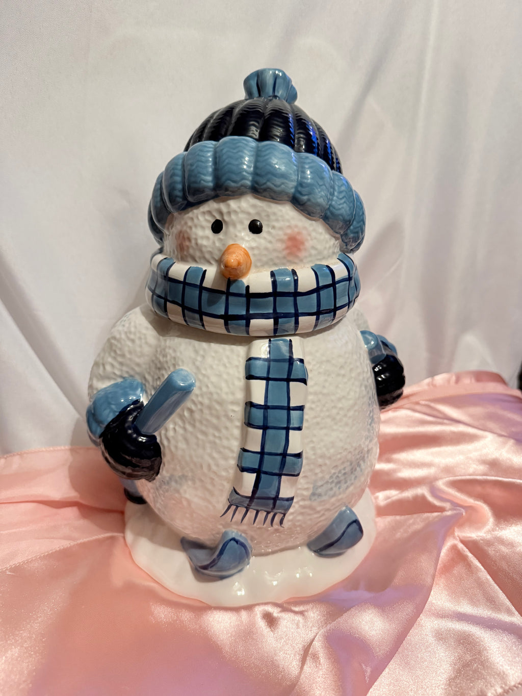 Vintage Snowman Ceramic Cookie Jar w/ Lid White & Blue Plaid Scarf