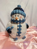 Vintage Snowman Ceramic Cookie Jar w/ Lid White & Blue Plaid Scarf