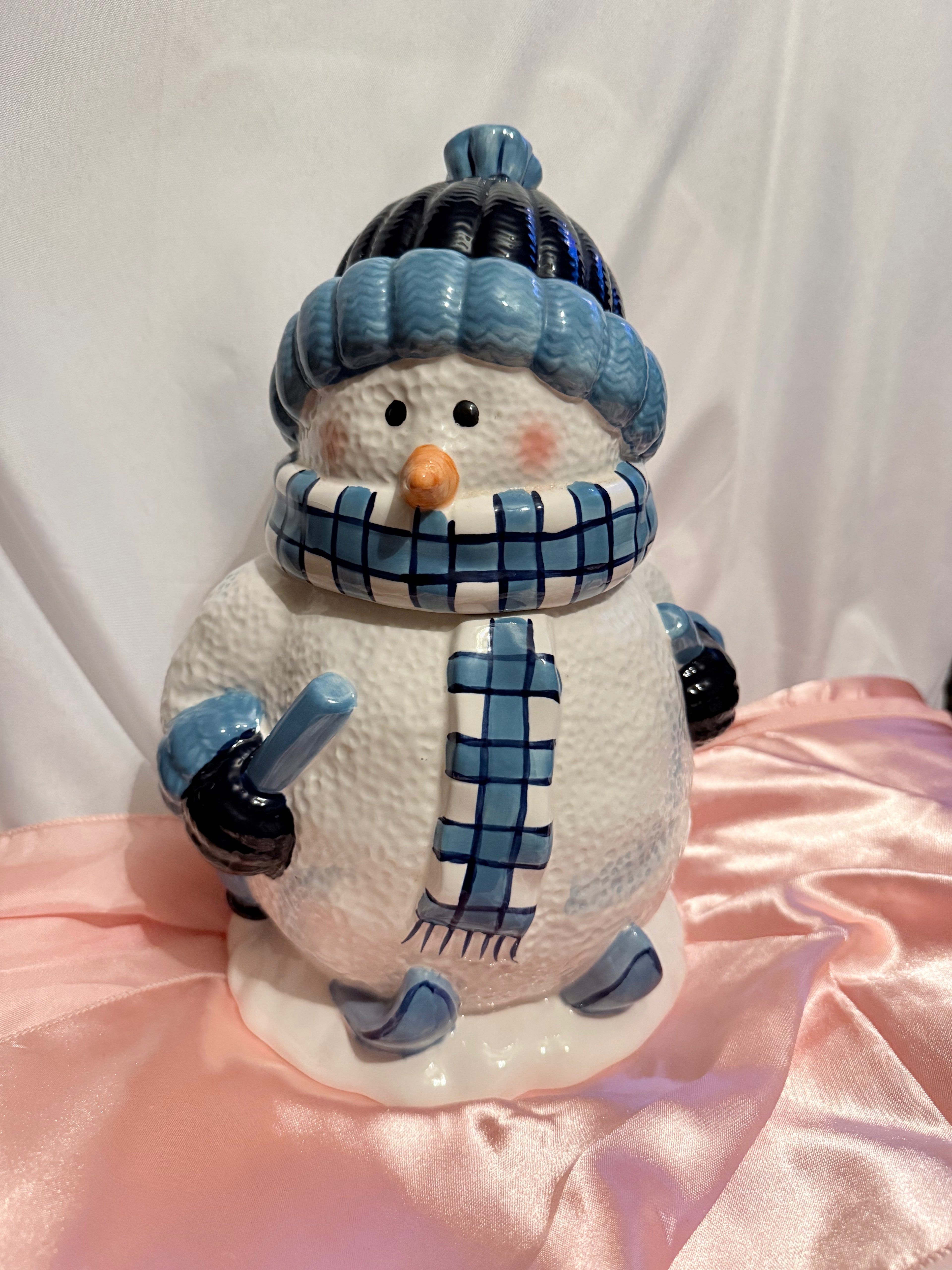 Vintage Snowman Ceramic Cookie Jar w/ Lid White & Blue Plaid Scarf
