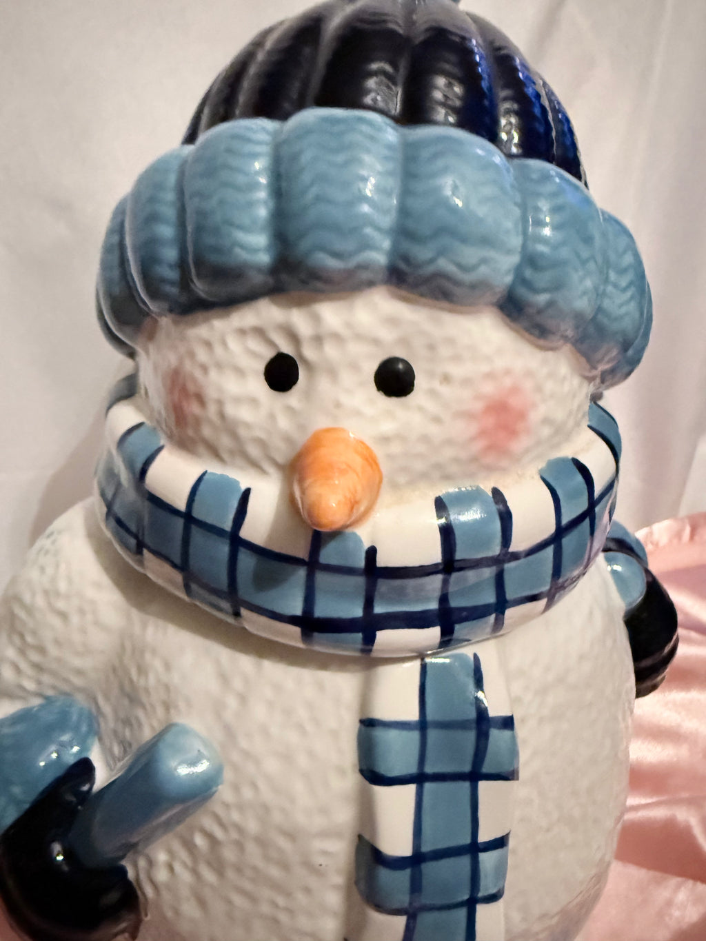 Vintage Snowman Ceramic Cookie Jar w/ Lid White & Blue Plaid Scarf