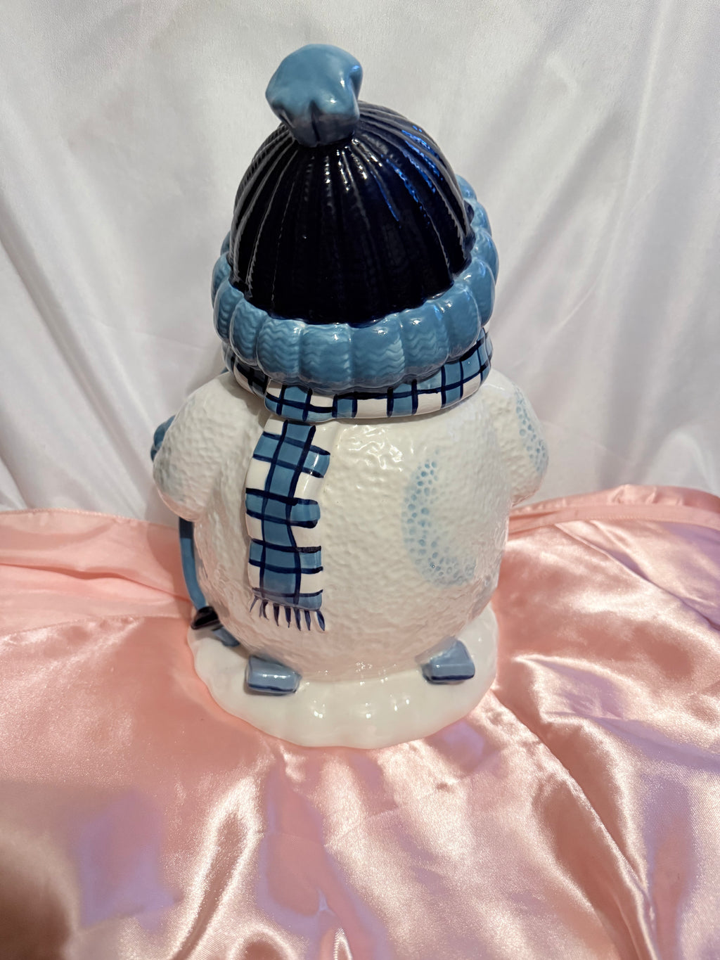 Vintage Snowman Ceramic Cookie Jar w/ Lid White & Blue Plaid Scarf