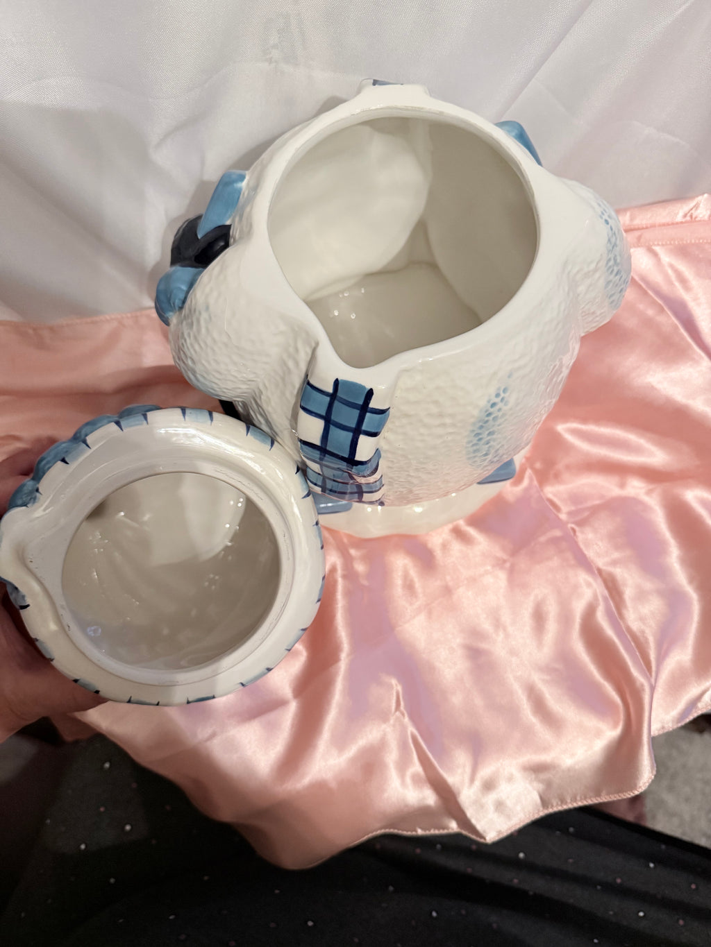 Vintage Snowman Ceramic Cookie Jar w/ Lid White & Blue Plaid Scarf