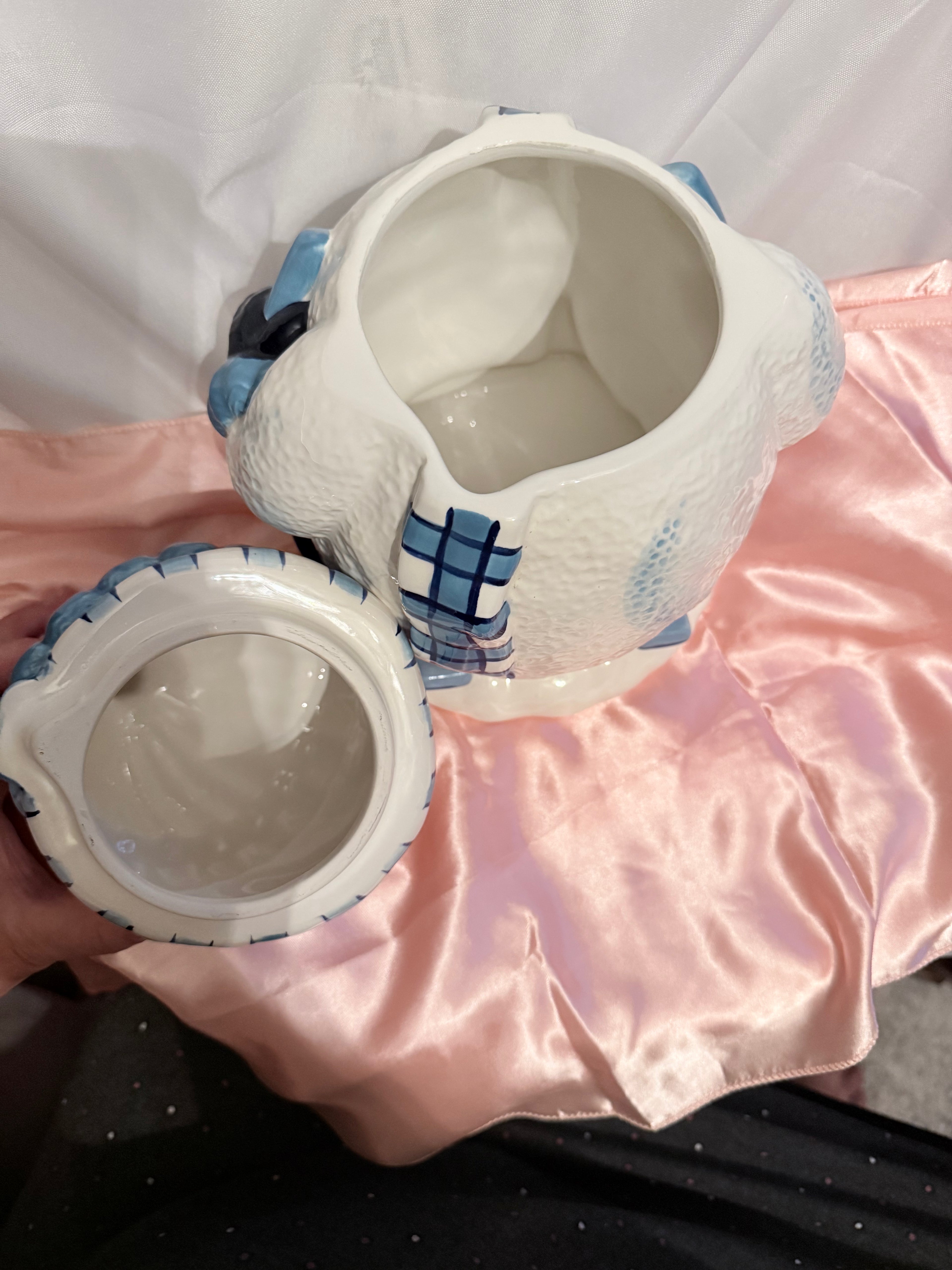 Vintage Snowman Ceramic Cookie Jar w/ Lid White & Blue Plaid Scarf