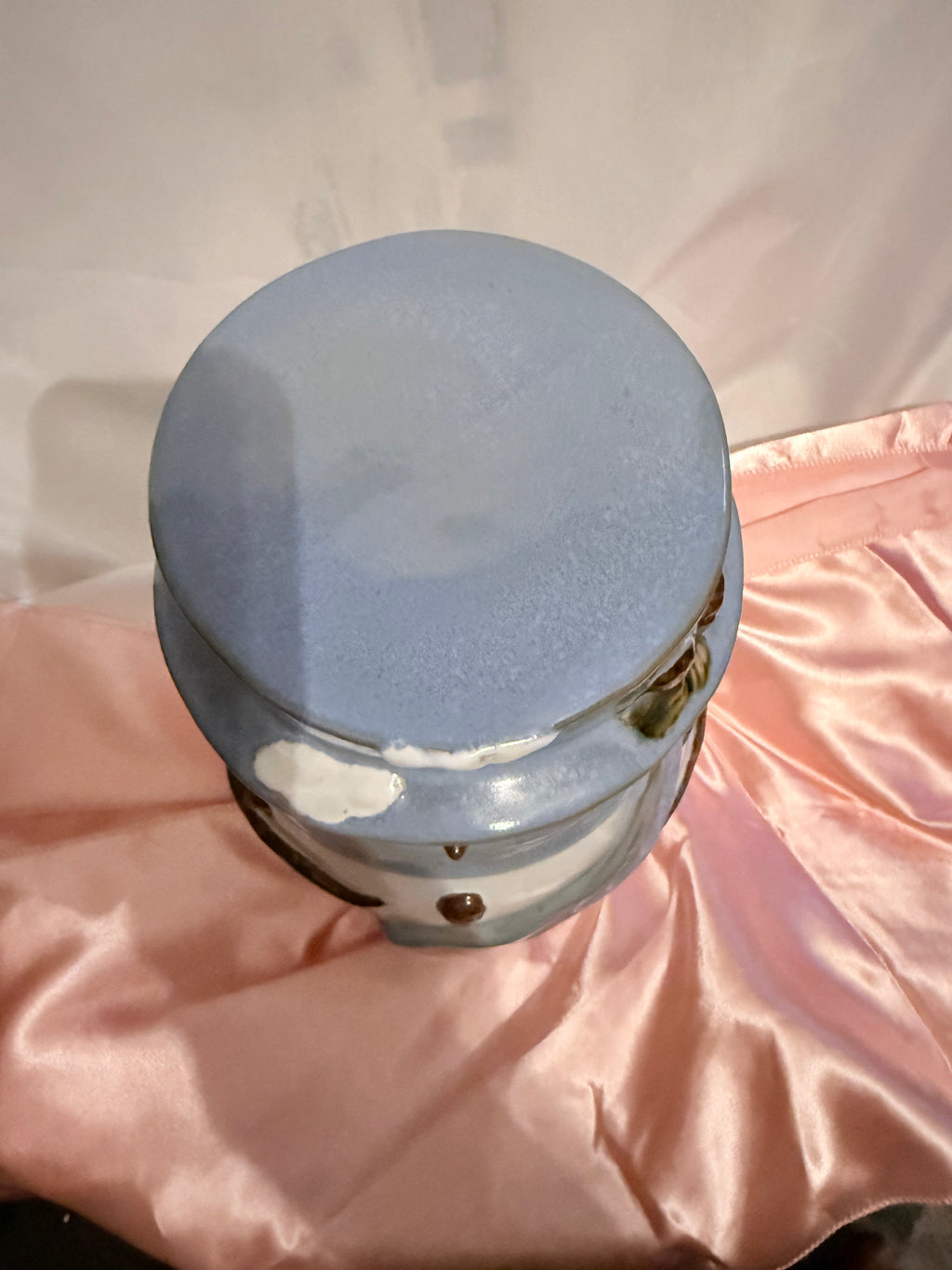 Vintage Ceramic Snowman Lidded Decorative Storage Jar Canister Glossy White Blue