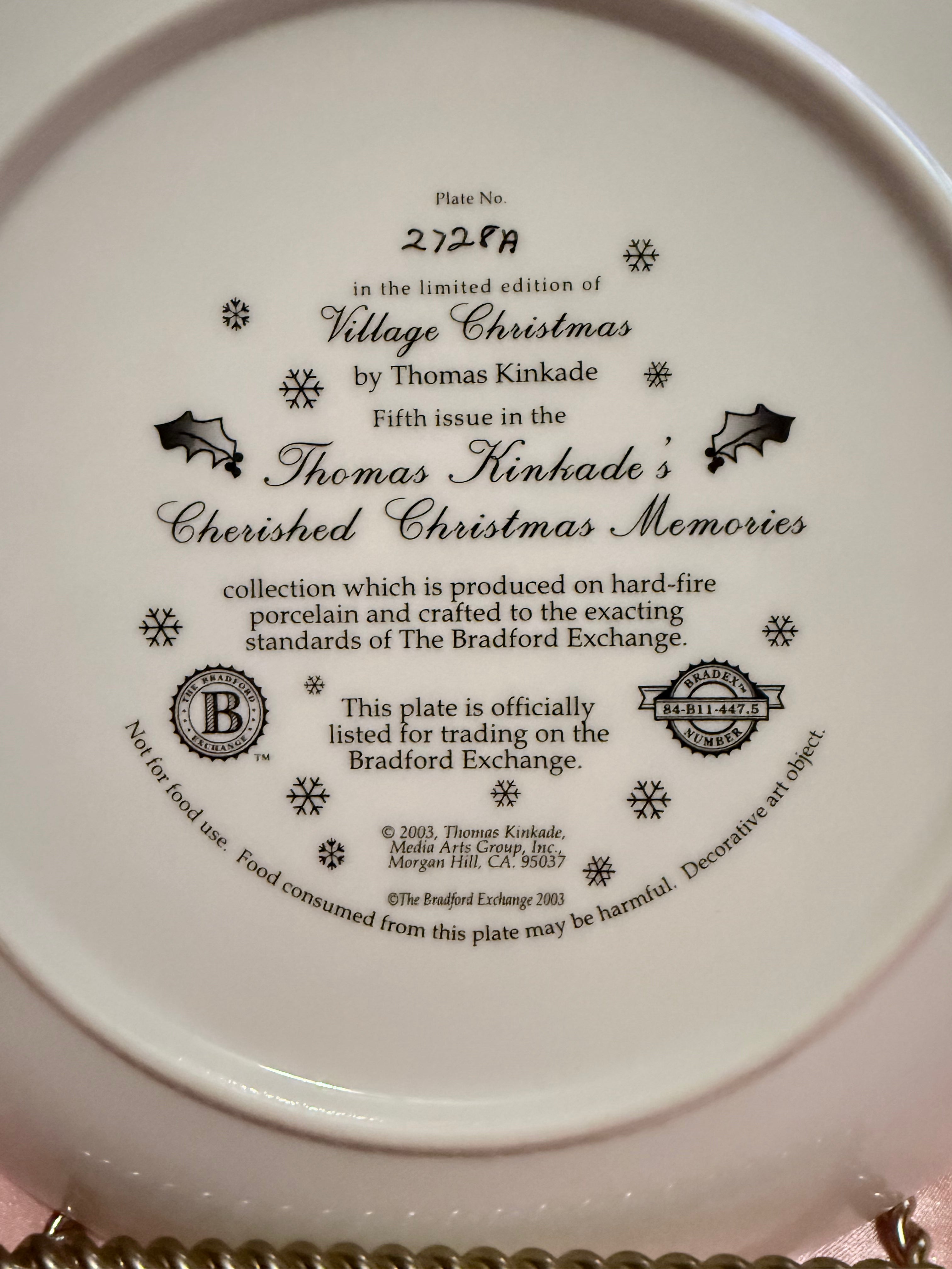 Bradford Exchange Thomas Kinkade Village Christmas.               Limited Plate 2003